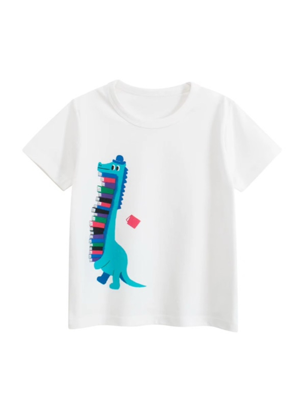 White Kids Tee with Blue Dinosaur Piano Graphic